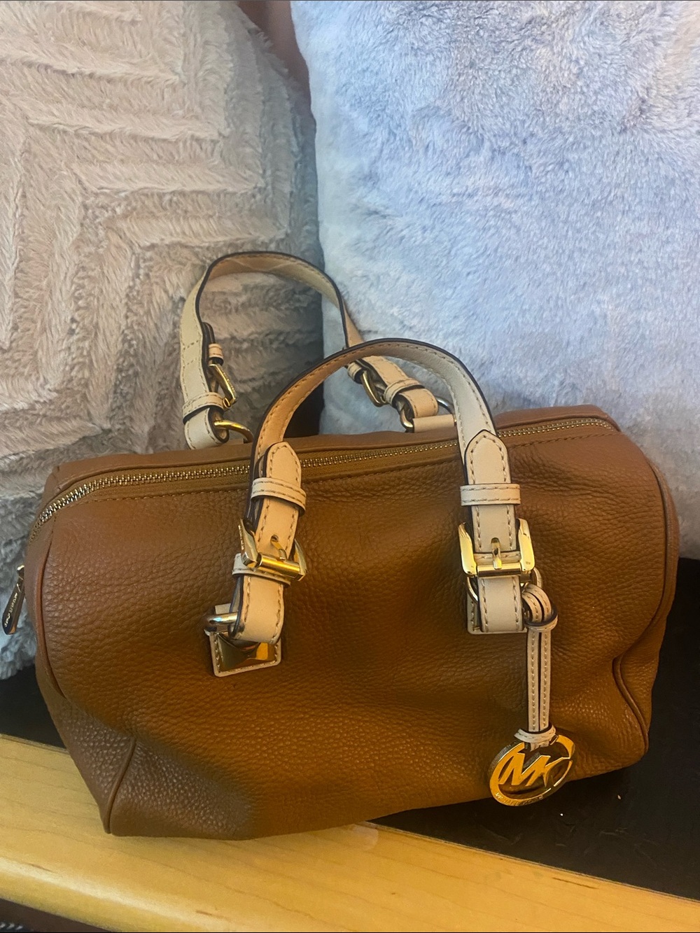 Michael Kors Brown Pebbled Leather Satchel with Cream Handles
